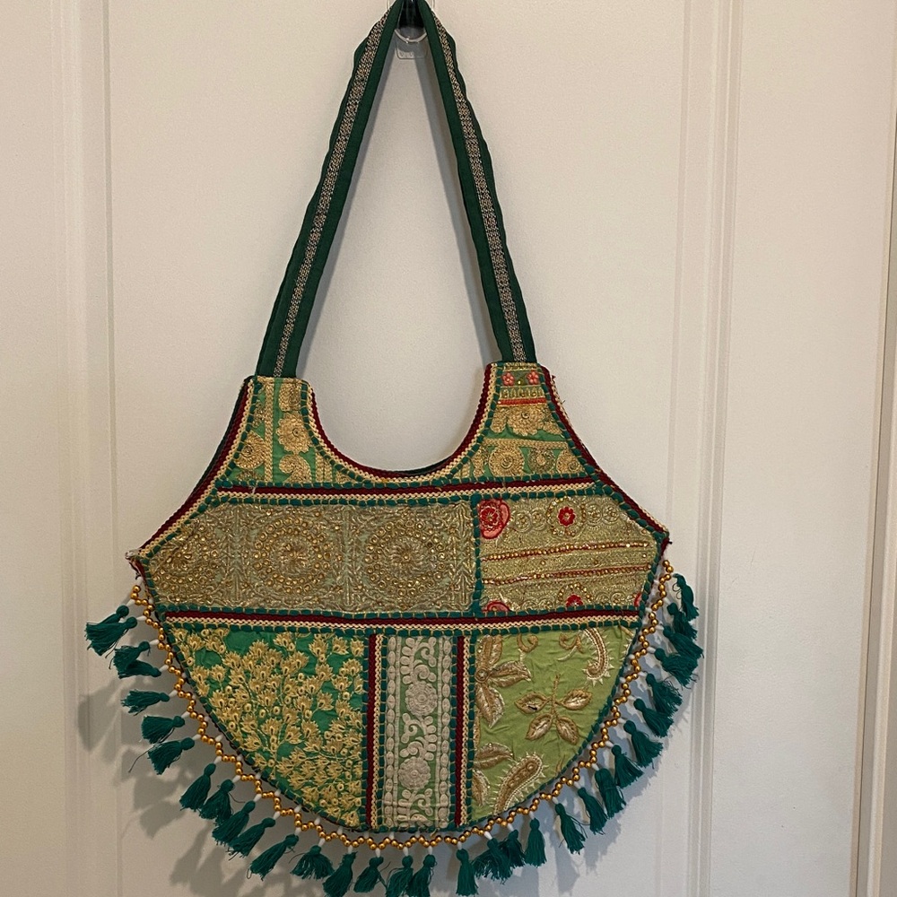 Embellished Green Patchwork Tote Bag with Tassels